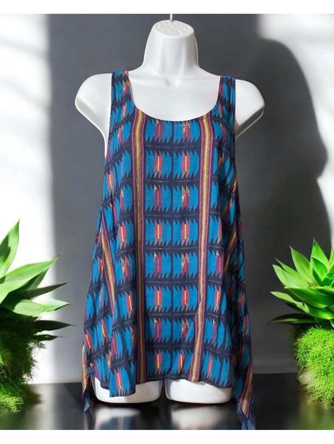 Women American Eagle Blue Geometric Design Viscose Sleeveless Blouse Sz Xl